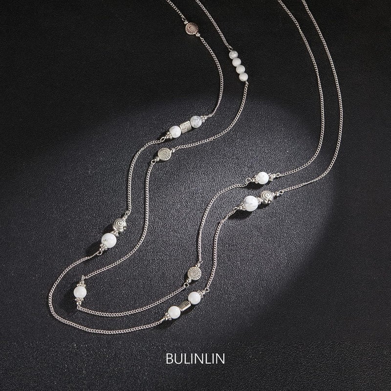 BULINLIN Layered Silver Long Necklace for Women Turquoise Stone Beaded Strand Sweater Chain Necklaces Fashion Costume Jewelry Gifts for Mom - Image 1
